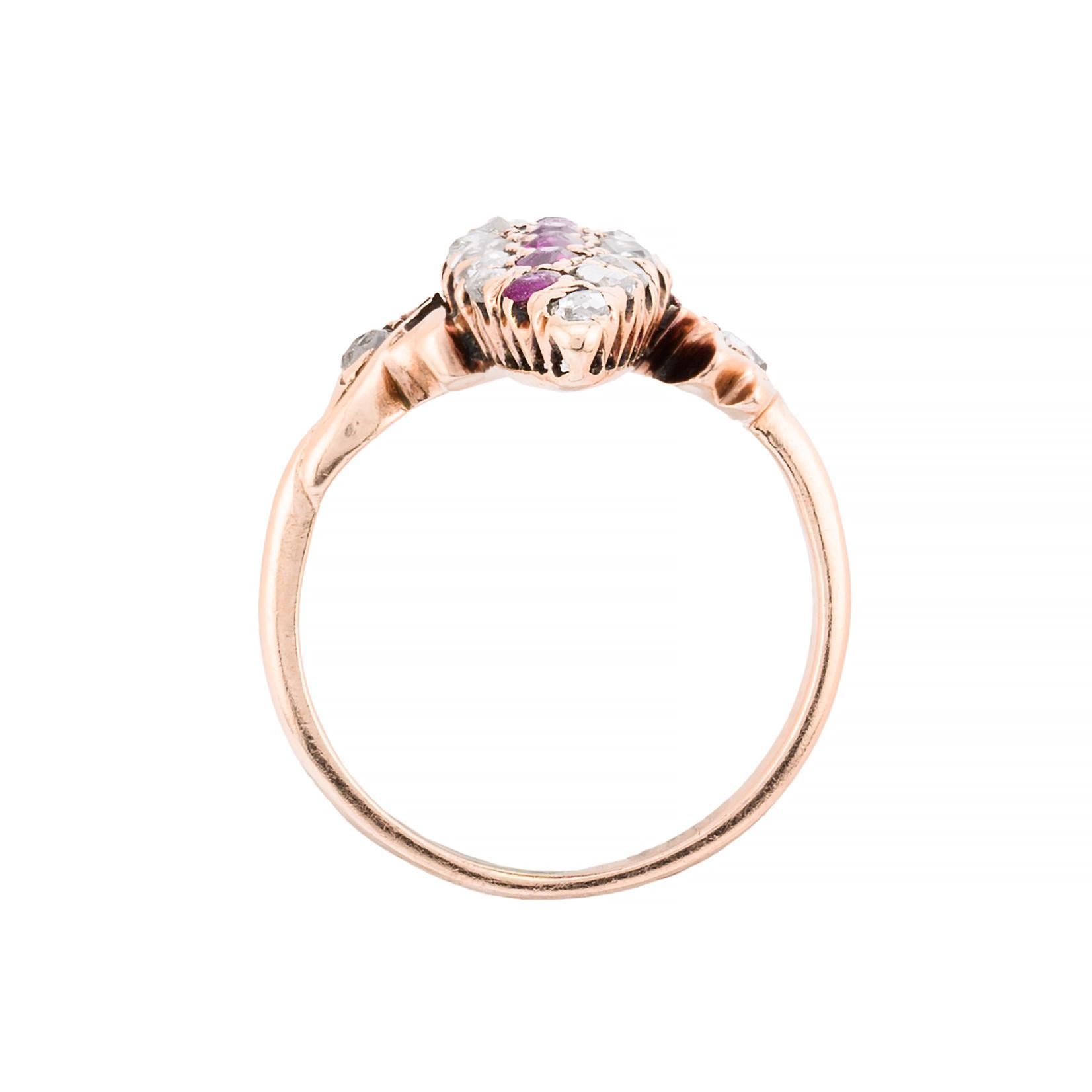 Victorian Diamond & Ruby Navette Ring in 14 Karat Yellow Gold In condizioni ottime in vendita a Boston, MA