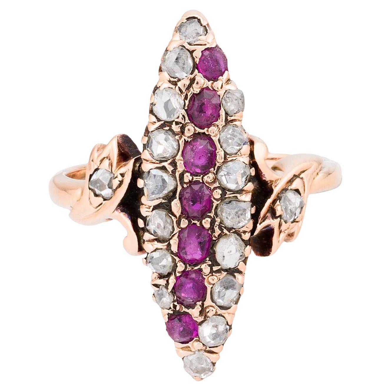 Victorian Diamond & Ruby Navette Ring in 14 Karat Yellow Gold in vendita