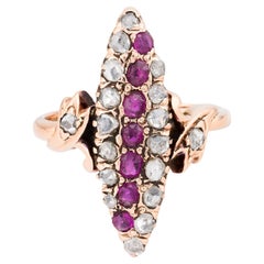 Victorian Diamond & Ruby Navette Ring in 14 Karat Yellow Gold