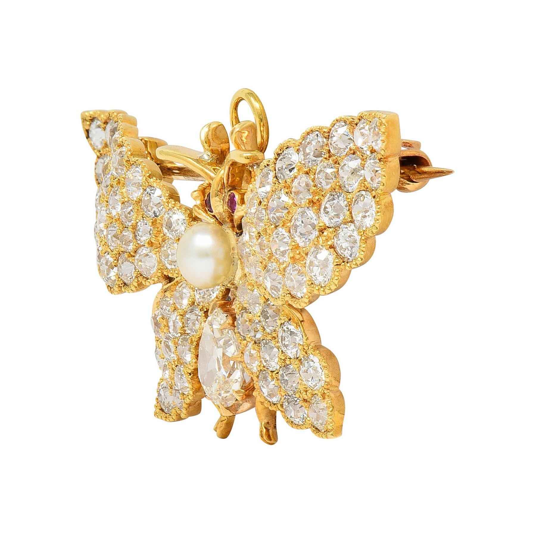 Round Cut Victorian Diamond Ruby Pearl 18 Karat Gold Antique Butterfly Pendant Brooch For Sale