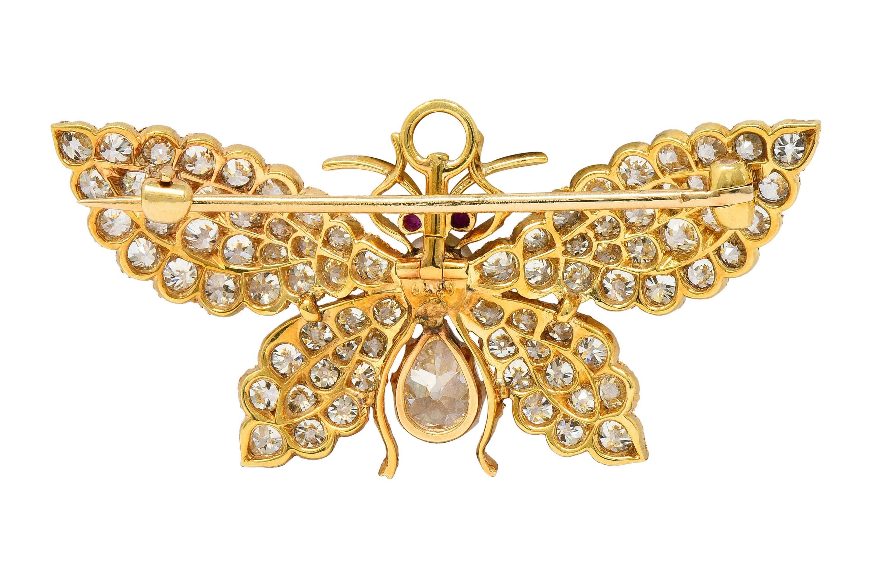 Victorian Diamond Ruby Pearl 18 Karat Gold Antique Butterfly Pendant Brooch In Excellent Condition For Sale In Philadelphia, PA
