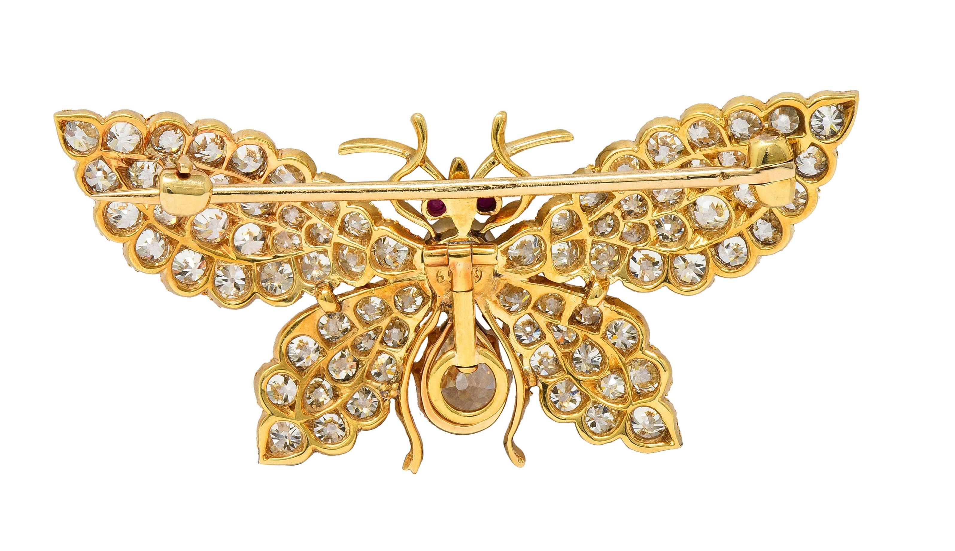 Women's or Men's Victorian Diamond Ruby Pearl 18 Karat Gold Antique Butterfly Pendant Brooch For Sale