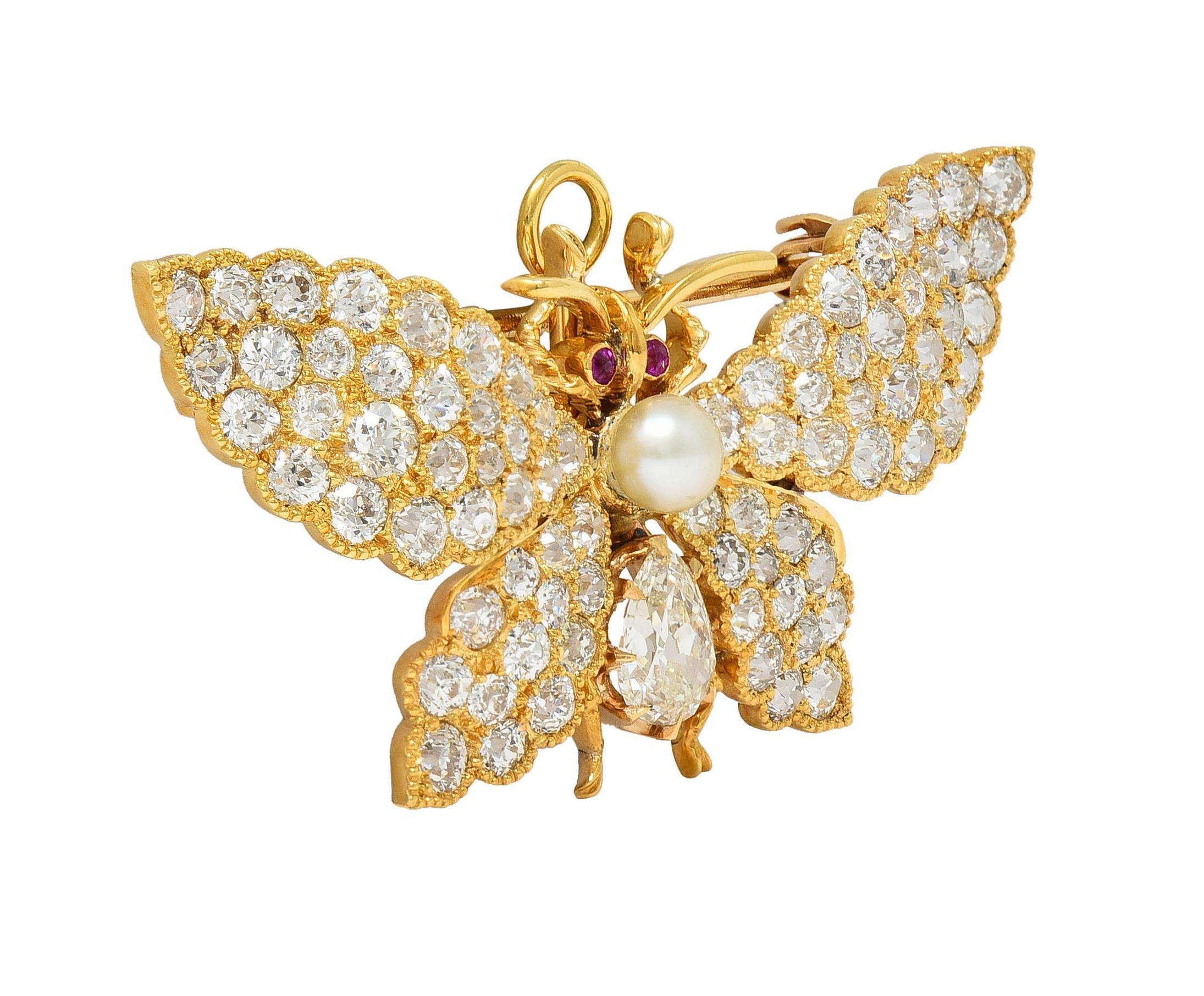 Victorian Diamond Ruby Pearl 18 Karat Gold Antique Butterfly Pendant Brooch For Sale 1