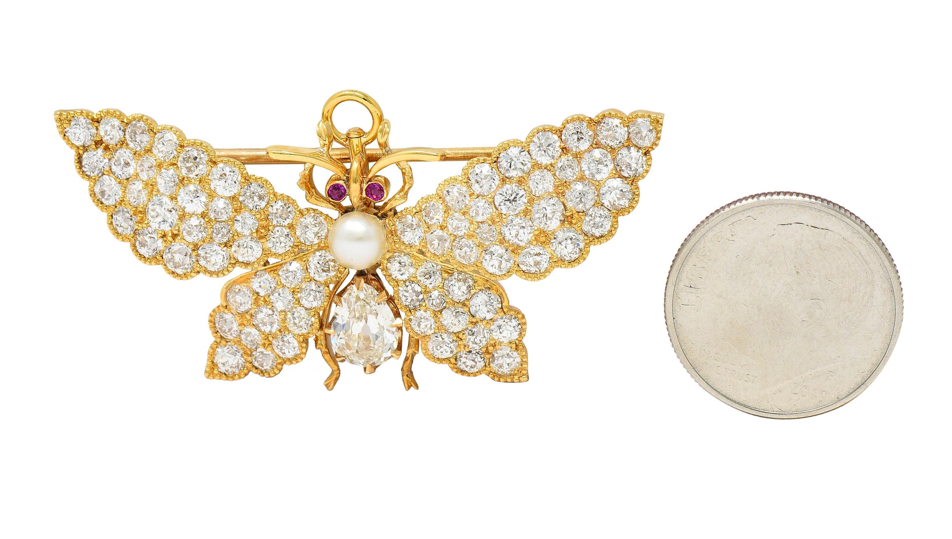 Victorian Diamond Ruby Pearl 18 Karat Gold Antique Butterfly Pendant Brooch For Sale 2