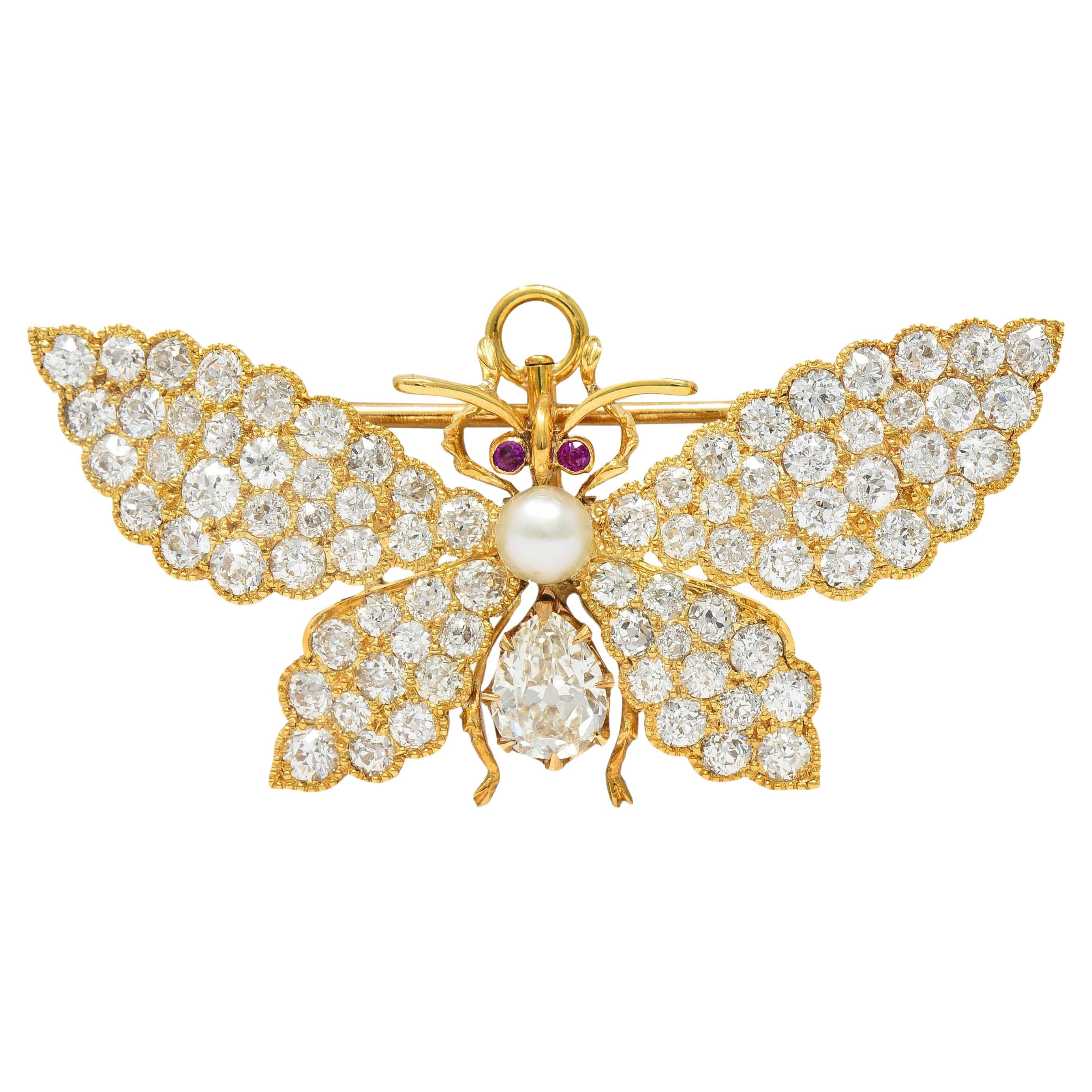 Victorian Diamond Ruby Pearl 18 Karat Gold Antique Butterfly Pendant Brooch For Sale