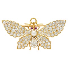 Antike viktorianische Schmetterlingsanhänger-Brosche, Diamant Rubin Perle 18 Karat Gold