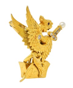 Broche victorienne ancienne épée de dragon en or 18 carats, diamants, rubis et perles