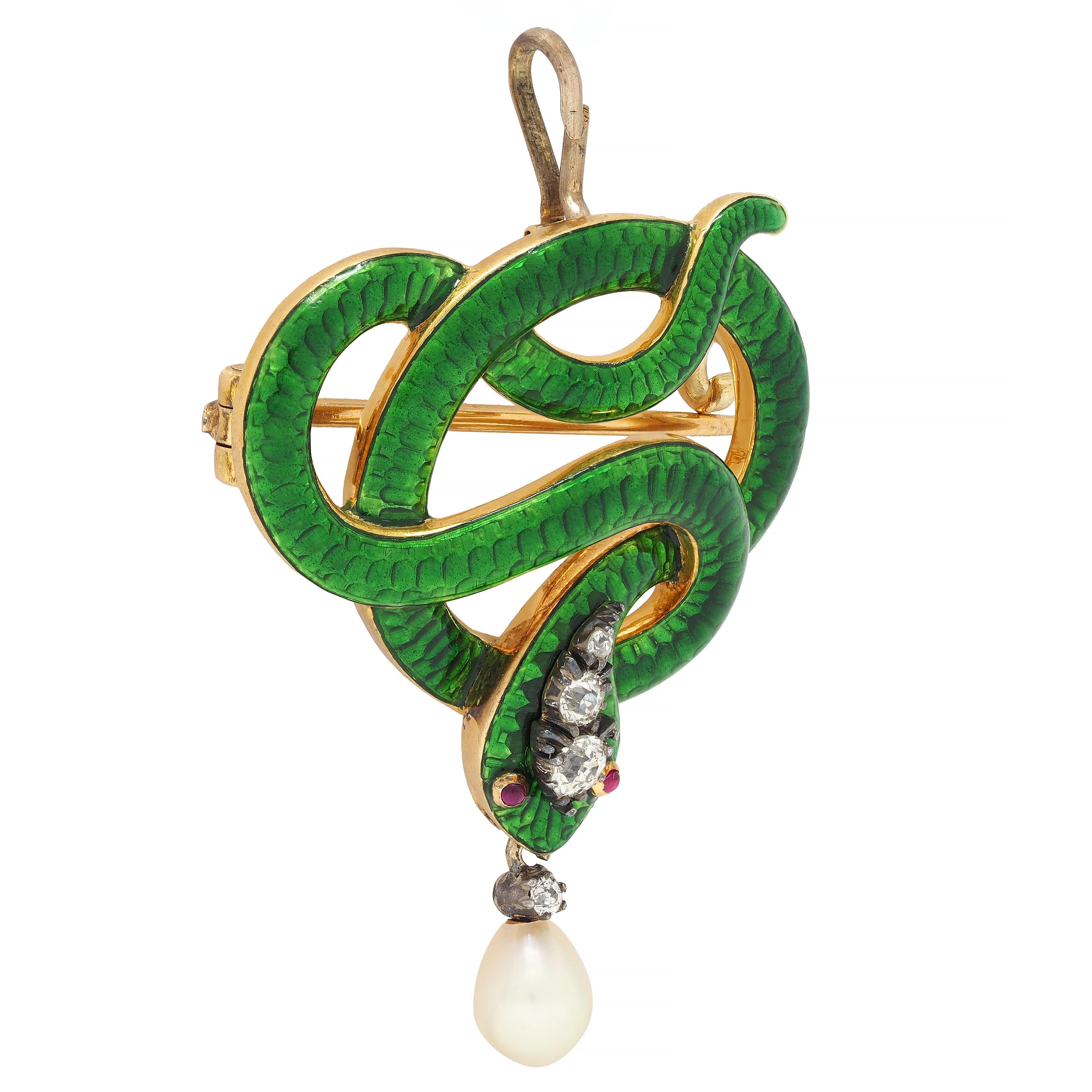 Designed as a stylized swirling snake with basse-taille enamel body
Transparent medium green and glossed over engraved scale motif 
Featuring four old European cut diamonds in head and drop
Weighing approximately 0.15 carat total - eye clean and