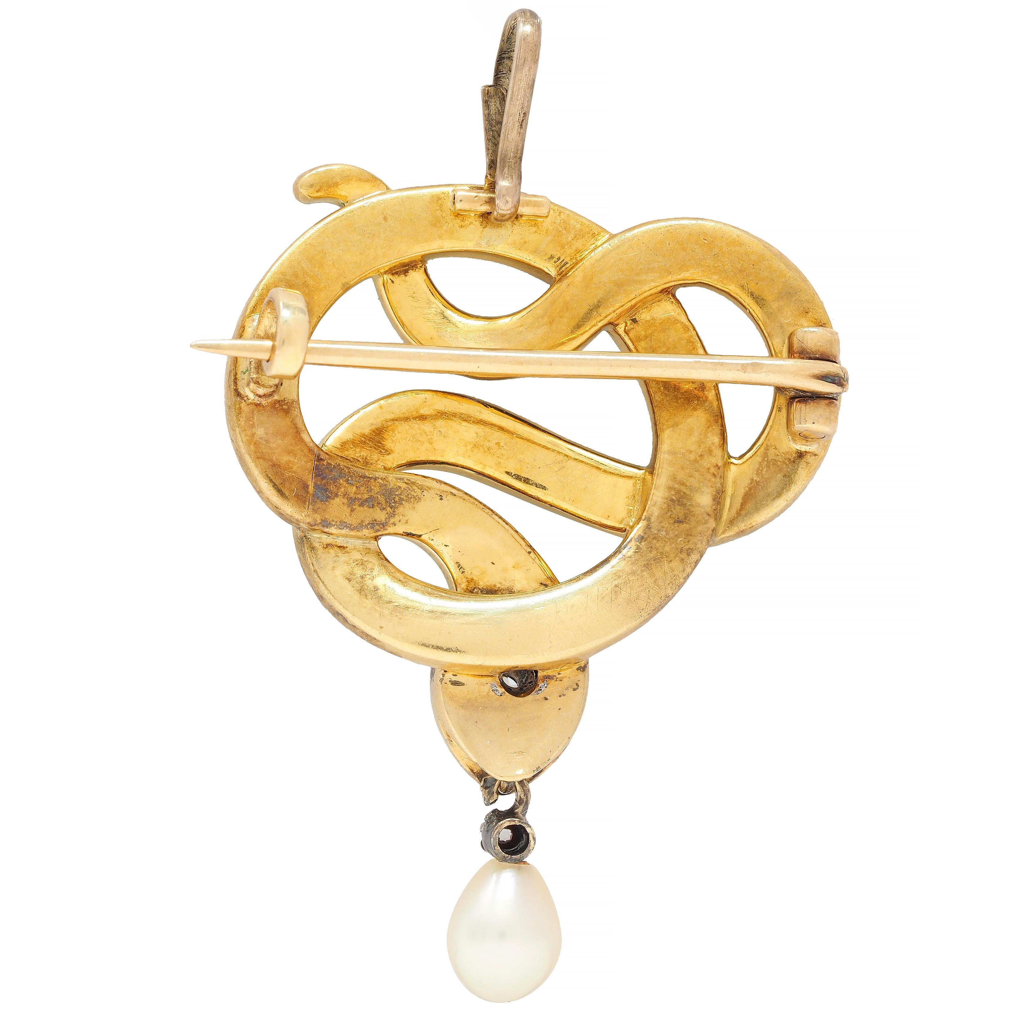 Cabochon Victorian Diamond Ruby Pearl Basse-Taille Enamel 18 Karat Gold Snake Brooch