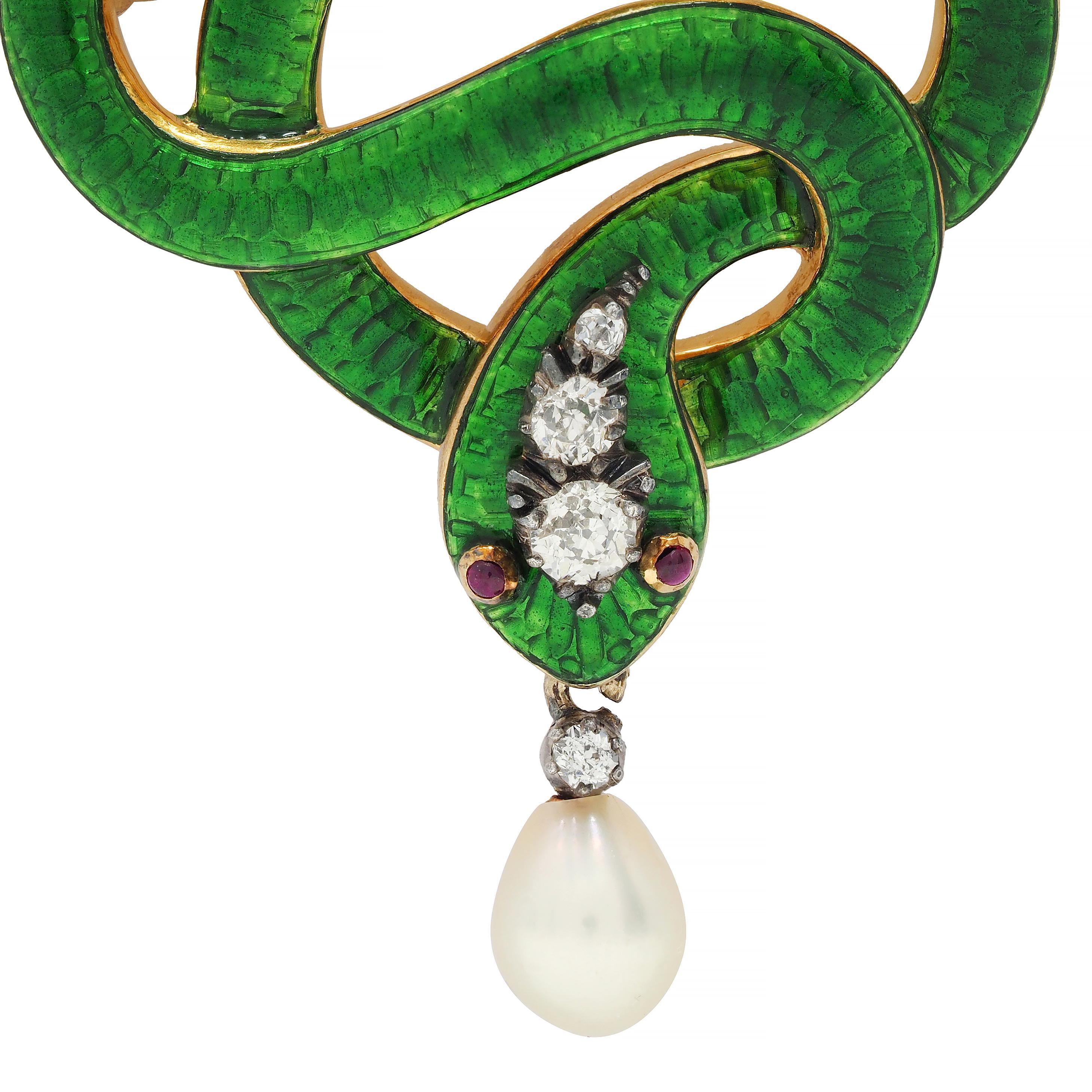 Women's or Men's Victorian Diamond Ruby Pearl Basse-Taille Enamel 18 Karat Gold Snake Brooch