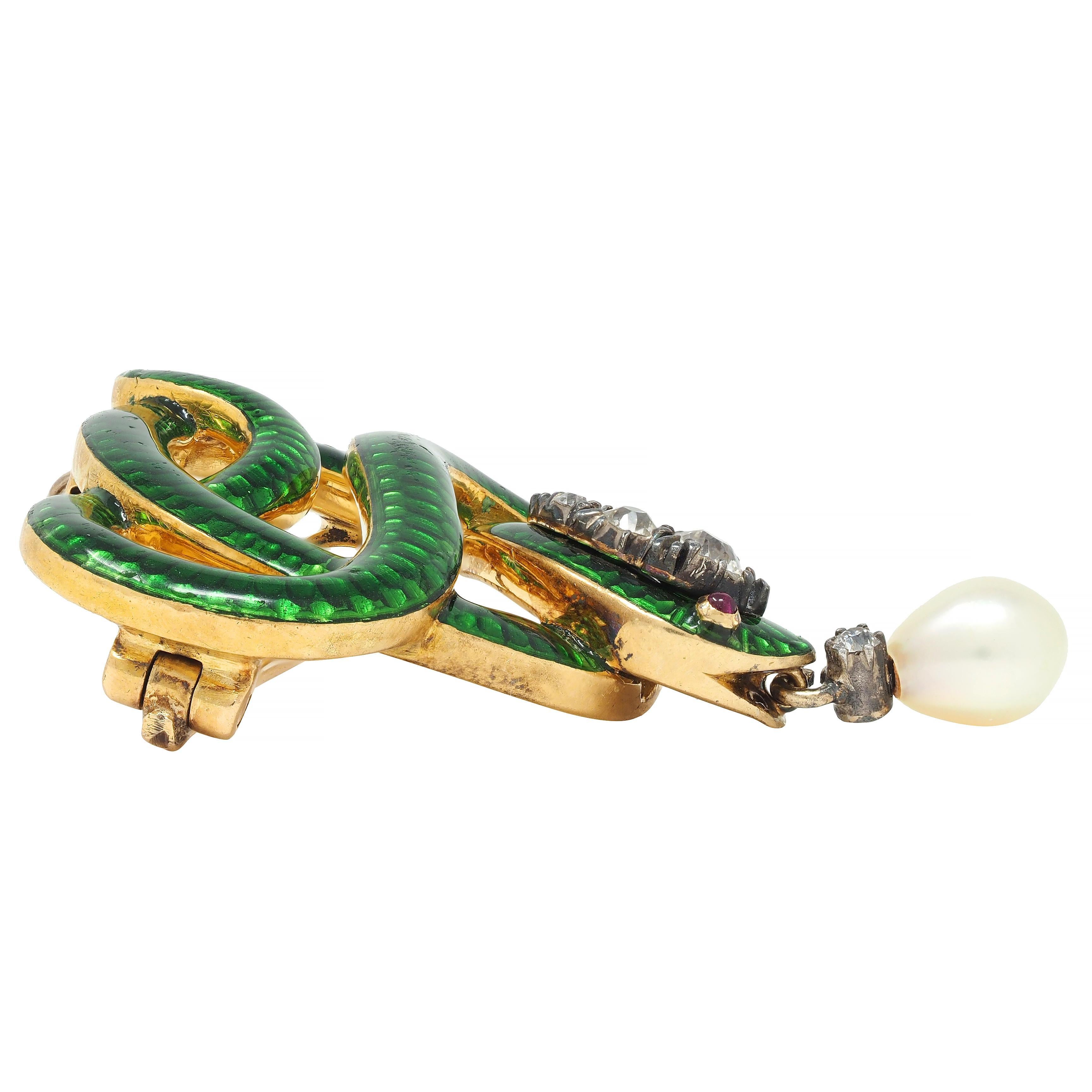 Victorian Diamond Ruby Pearl Basse-Taille Enamel 18 Karat Gold Snake Brooch 2