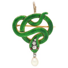 Victorian Diamond Ruby Pearl Basse-Taille Enamel 18 Karat Gold Snake Brooch