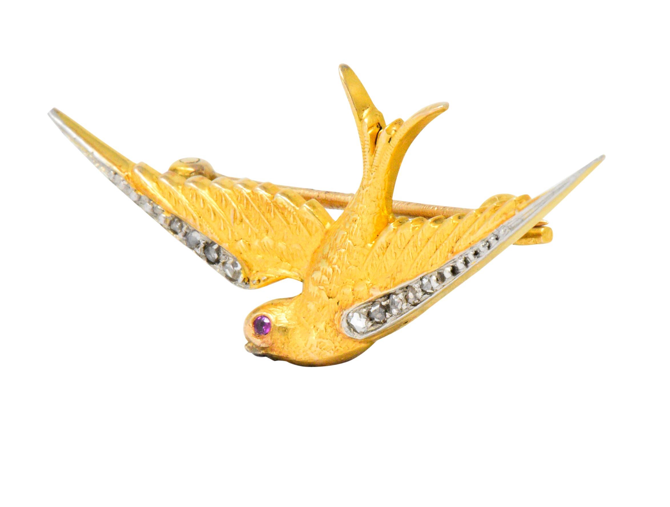 Designed as a swallow, mid-flight

Wings accented with tiny rose cut diamonds 

Highly detailed textured gold with a tiny round cut ruby eye

With maker's mark

Measures: 1 1/2 x 3/4 (widest) Inch

Total Weight: 2.4 Grams

Sweet. Loving. Gentle.   