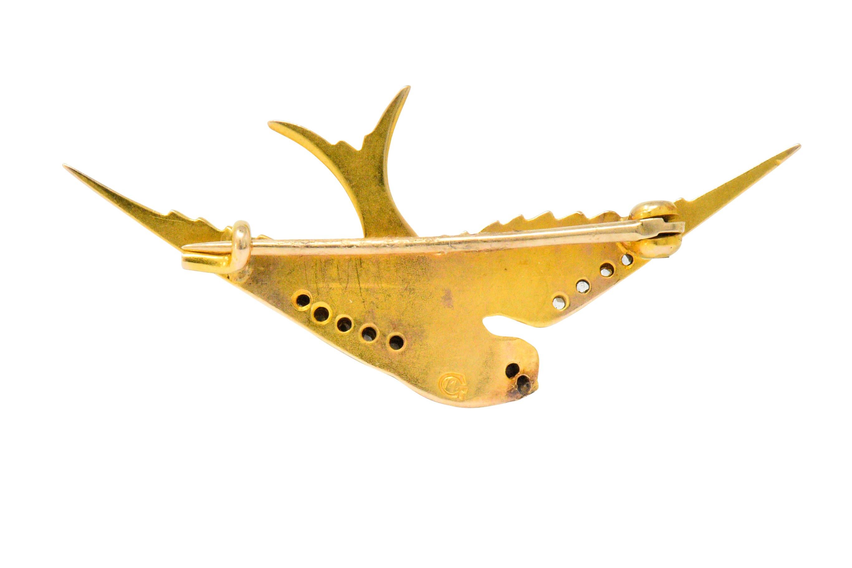 Women's or Men's Victorian Diamond Ruby Platinum 14 Karat Gold Swallow Brooch