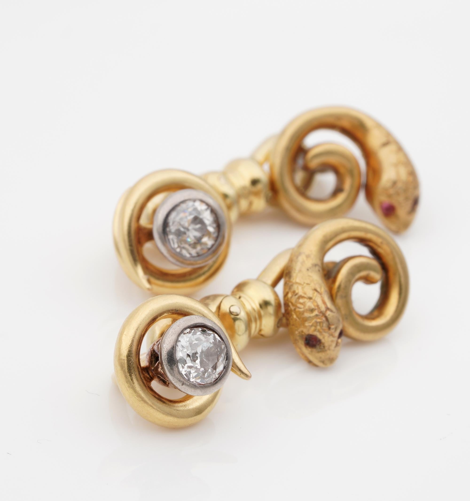 Old Mine Cut Victorian Diamond Ruby Rare Snake Cufflinks For Sale