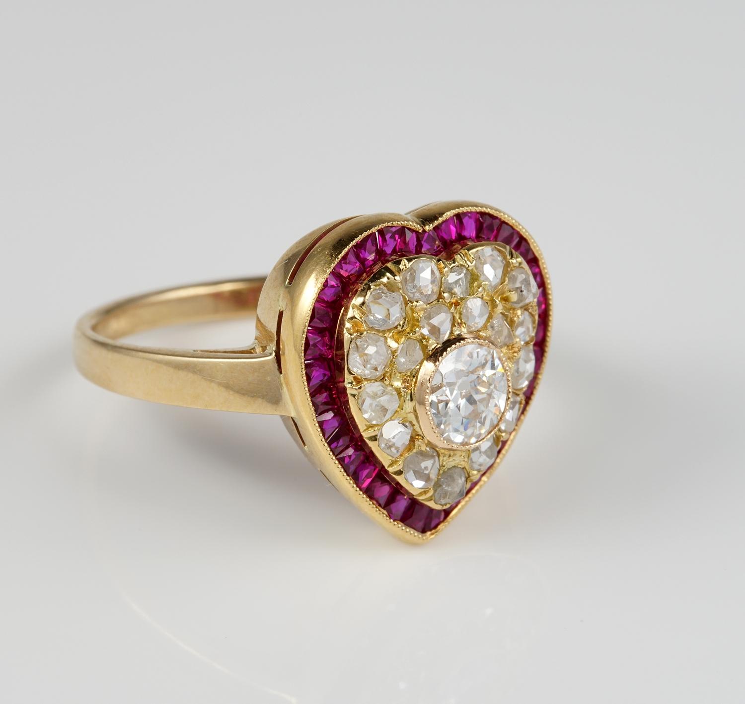 Victorian Romanticism
A beautiful example of Victorian period heart ring, romantic expression of the era to symbolize love and eternal love
Beautifully designed , glorious Victorian workmanship, 1880/90 ca.
18 Kt gold, marked
Principle Diamond is is
