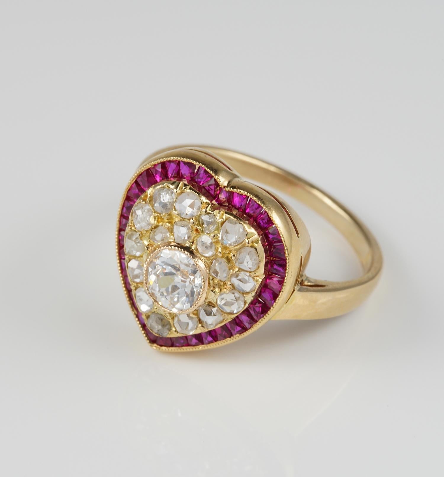 Old Mine Cut Victorian Diamond Ruby Romantic Heart Ring For Sale