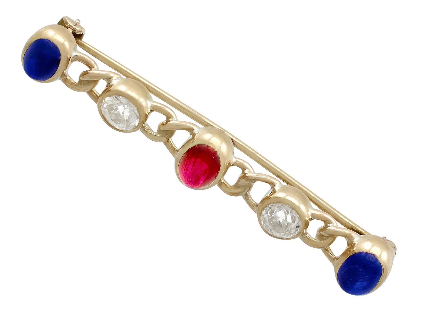 An impressive antique 0.73 carat diamond and 1.65 carat sapphire, 0.88 carat ruby and 15k yellow gold bar brooch; part of our diverse antique jewelry collections.

his fine and impressive Victorian gemstone brooch has been crafted in 15k yellow