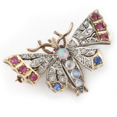 Victorian Diamond Ruby Sapphire Opal Moonstone Butterfly Brooch