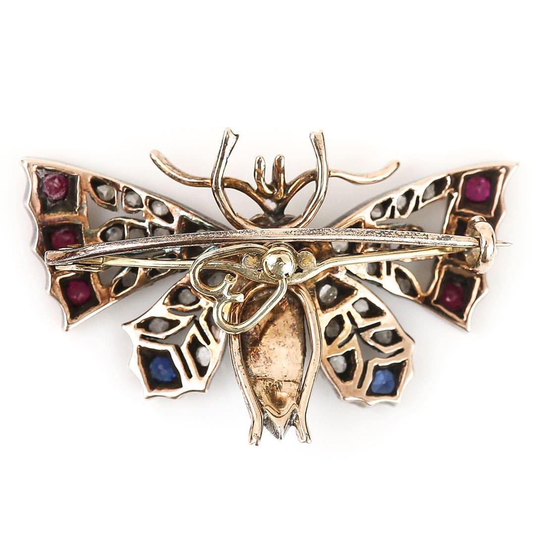 Rose Cut Victorian Diamond Ruby Sapphire Opal Moonstone Butterfly Brooch For Sale