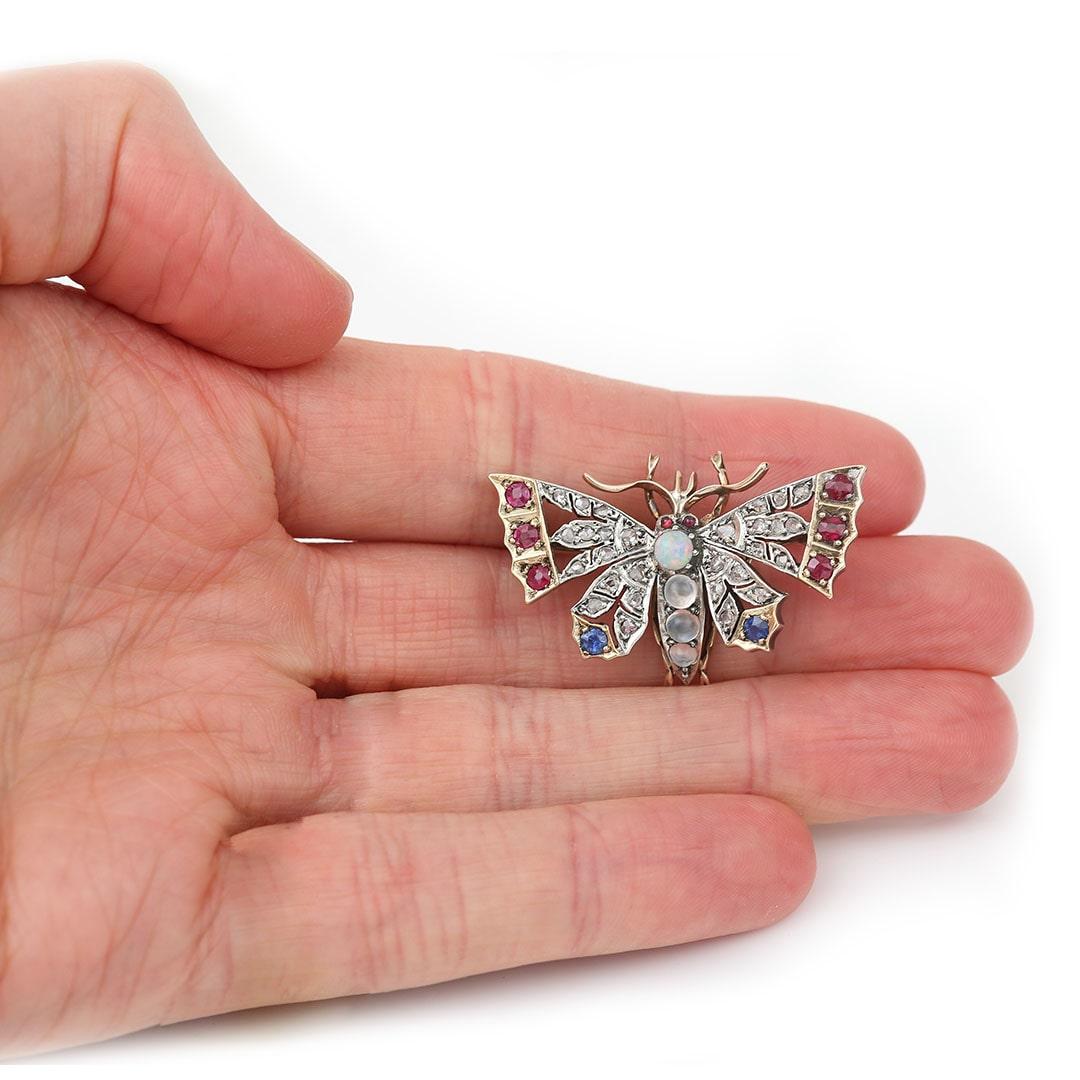 Women's Victorian Diamond Ruby Sapphire Opal Moonstone Butterfly Brooch For Sale