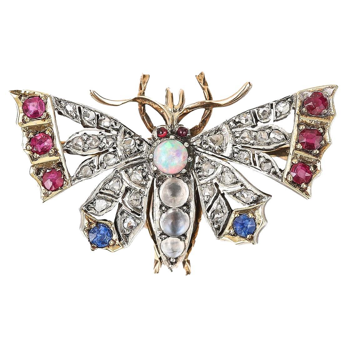 Broche papillon victorienne en diamant, rubis, saphir, opale et pierre de lune