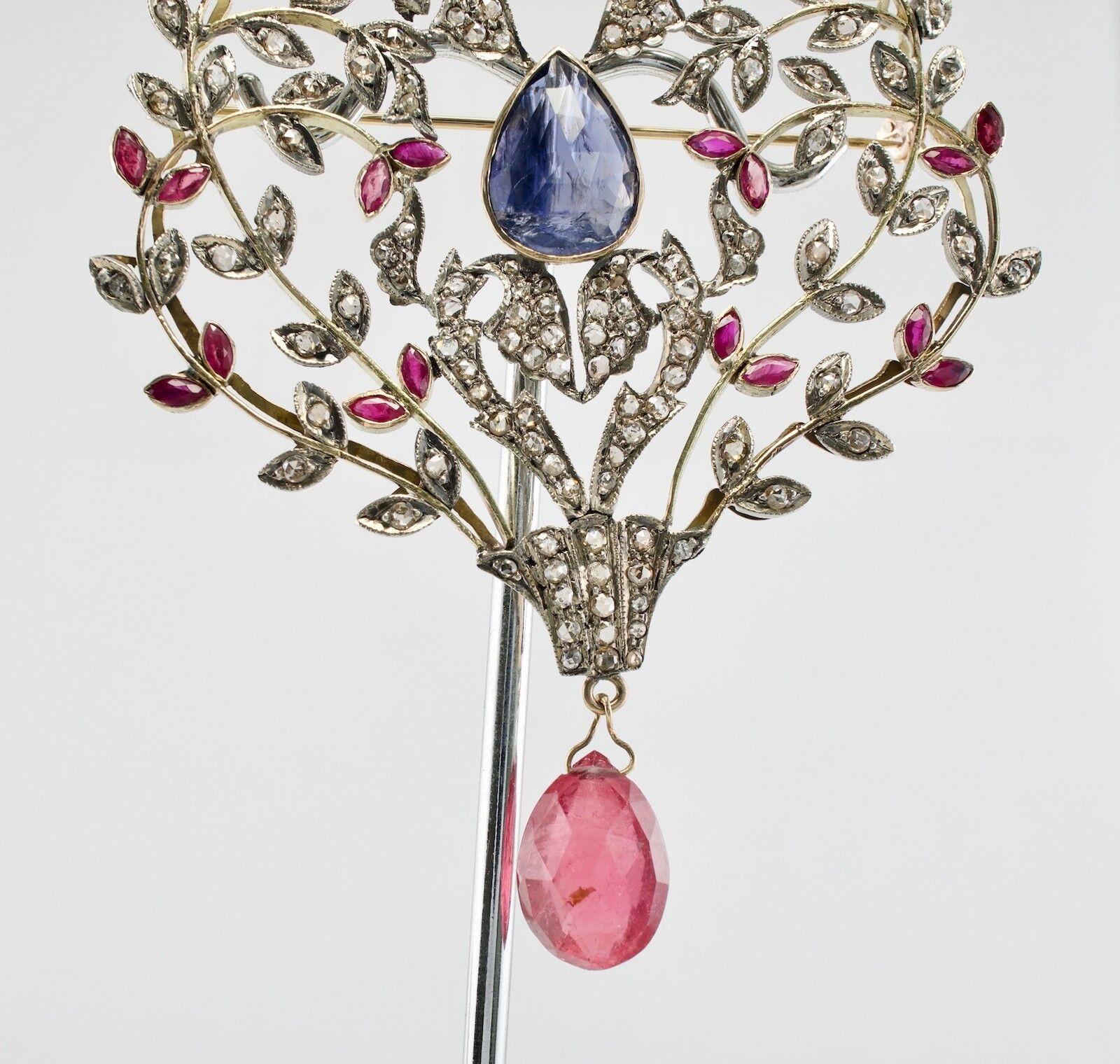 Victorian Diamond Ruby Sapphire Pendant Brooch 14K Gold & Silver For Sale 4