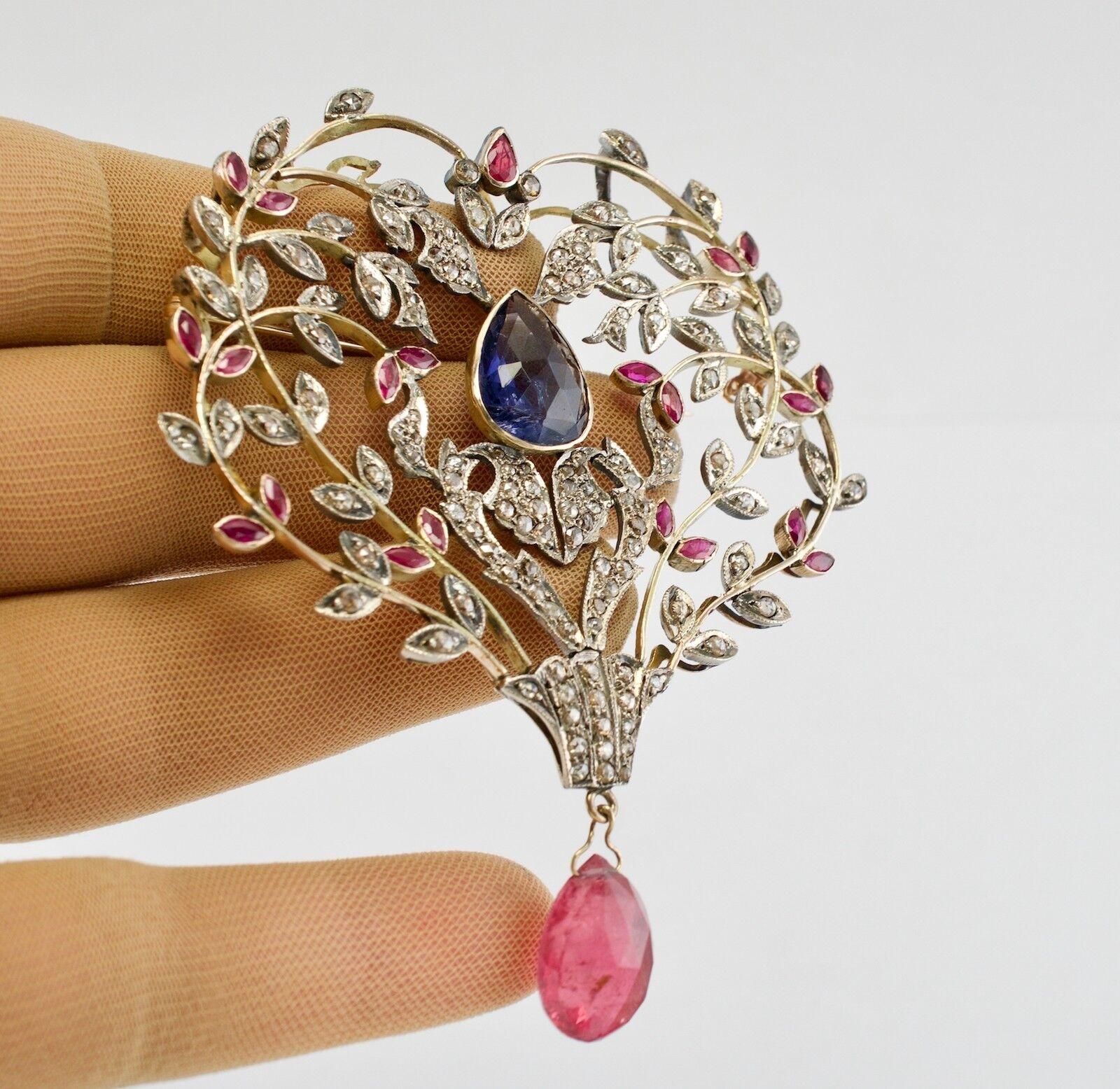 Victorian Diamond Ruby Sapphire Pendant Brooch 14K Gold & Silver For Sale 6