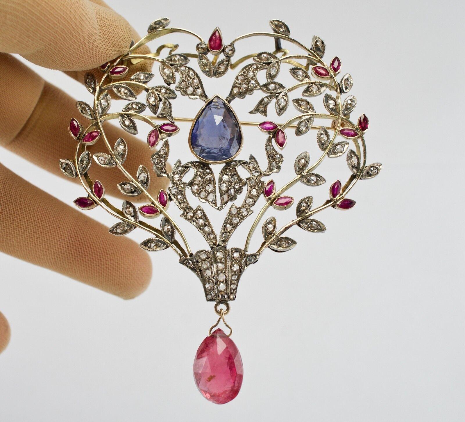 Victorian Diamond Ruby Sapphire Pendant Brooch 14K Gold & Silver For Sale 7