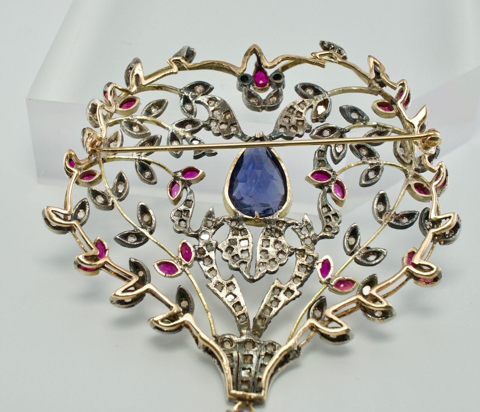 Mixed Cut Victorian Diamond Ruby Sapphire Pendant Brooch 14K Gold & Silver For Sale