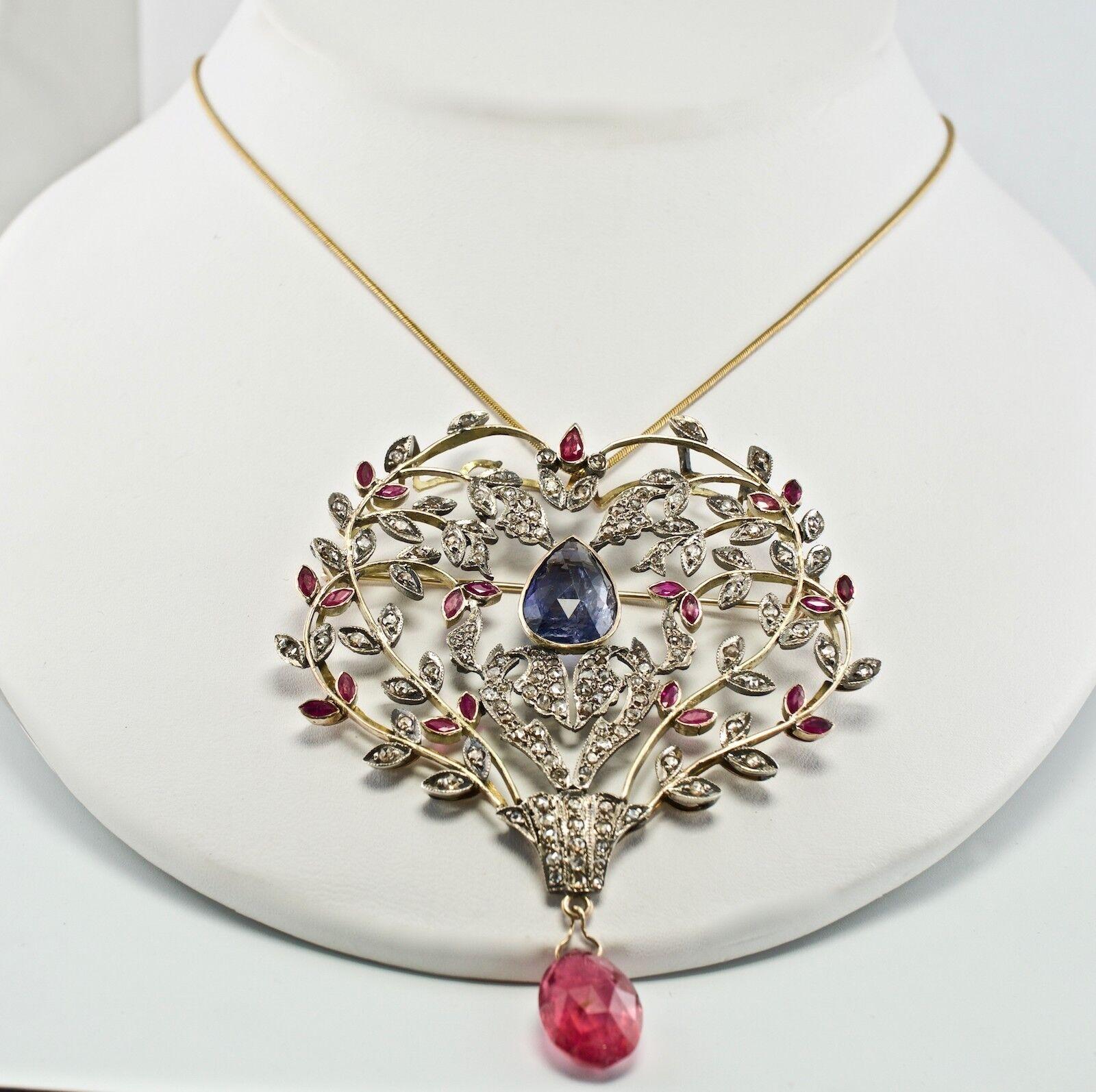 Victorian Diamond Ruby Sapphire Pendant Brooch 14K Gold & Silver In Good Condition For Sale In East Brunswick, NJ