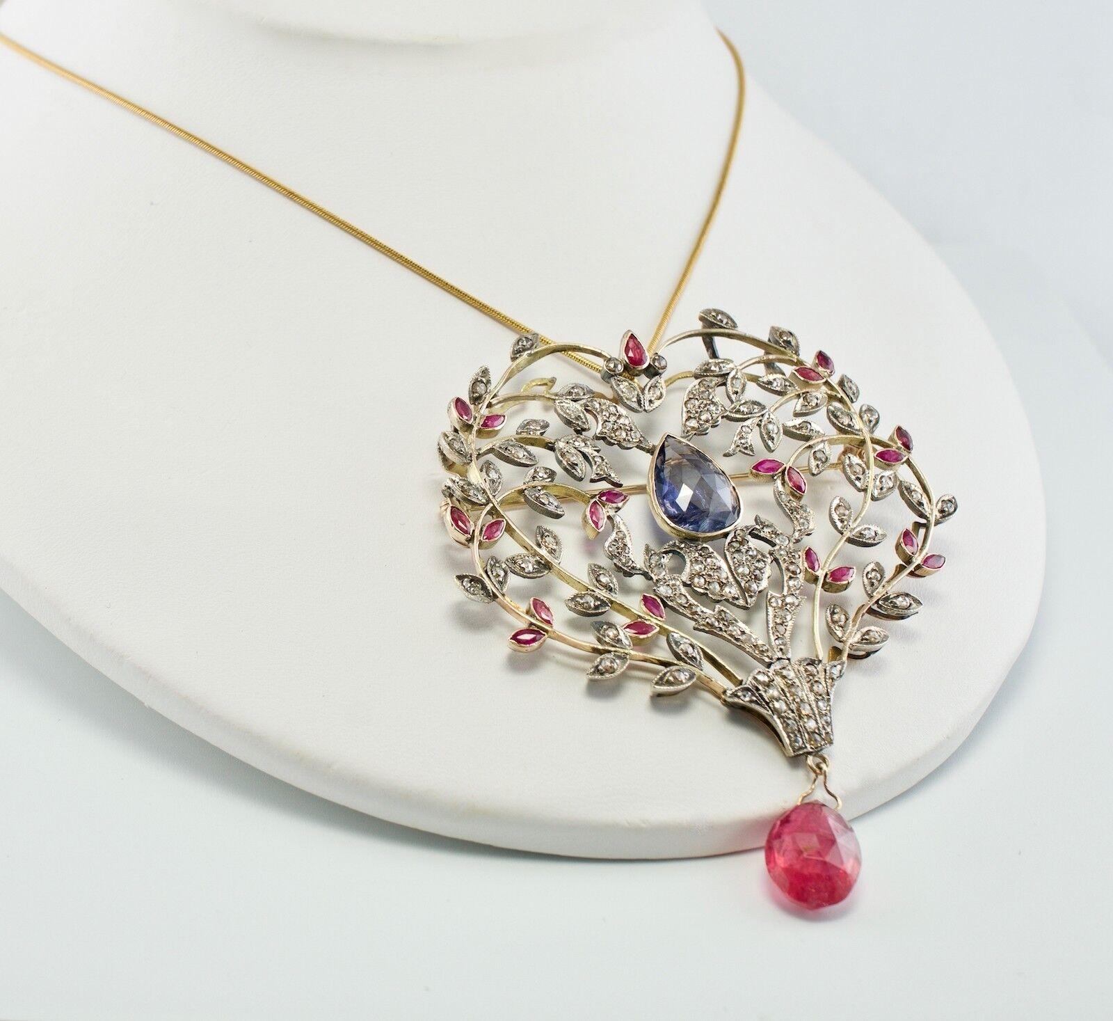 Women's Victorian Diamond Ruby Sapphire Pendant Brooch 14K Gold & Silver For Sale