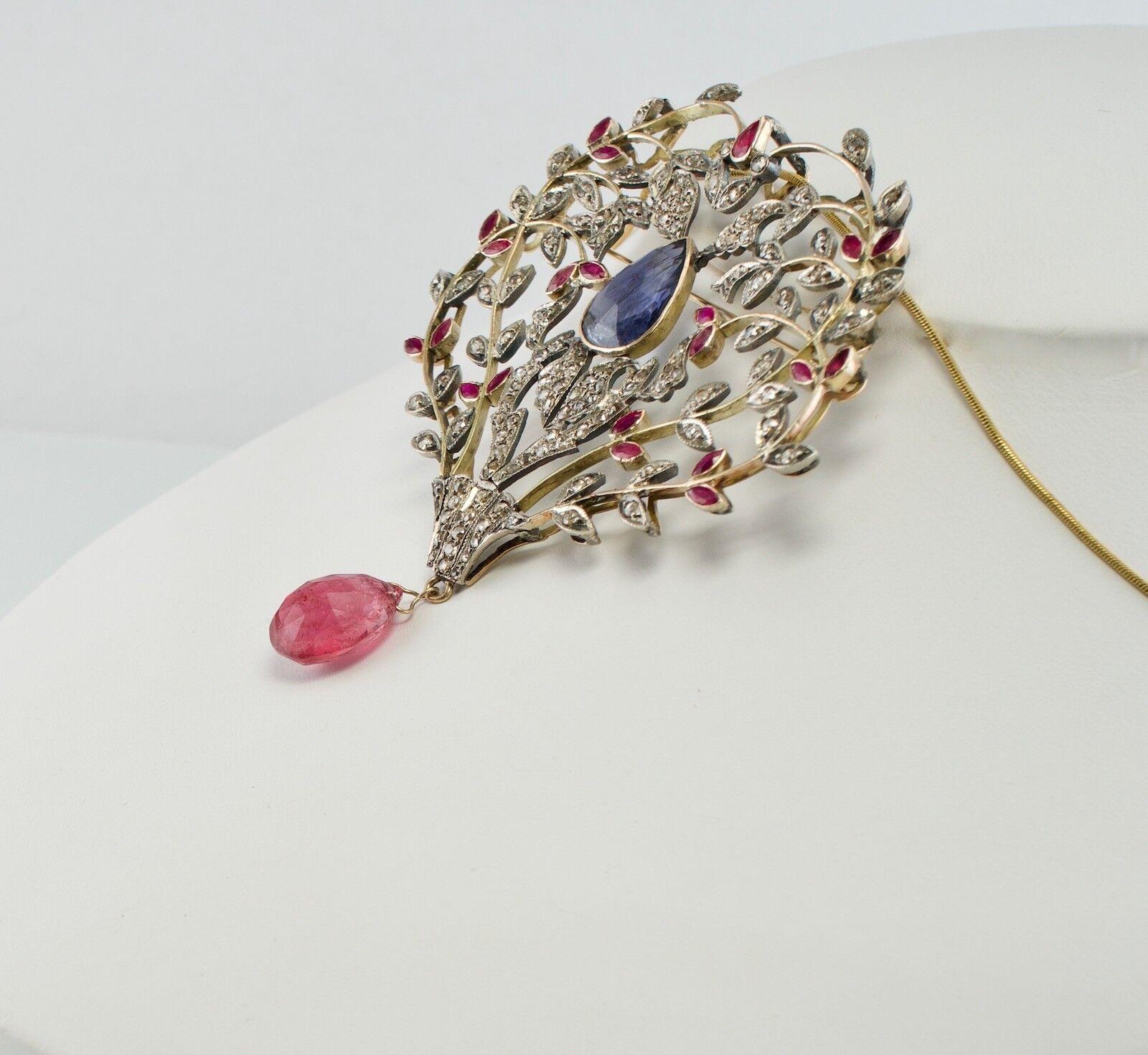Victorian Diamond Ruby Sapphire Pendant Brooch 14K Gold & Silver For Sale 1