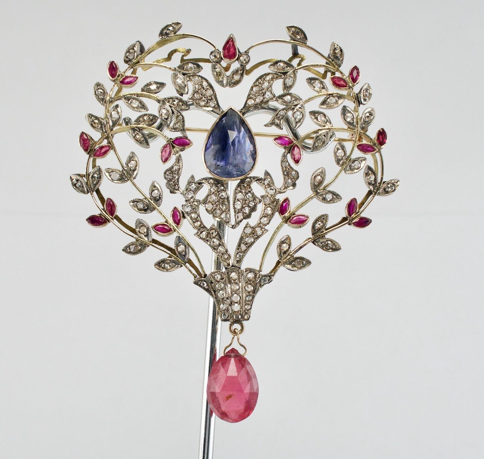 Victorian Diamond Ruby Sapphire Pendant Brooch 14K Gold & Silver For Sale 2