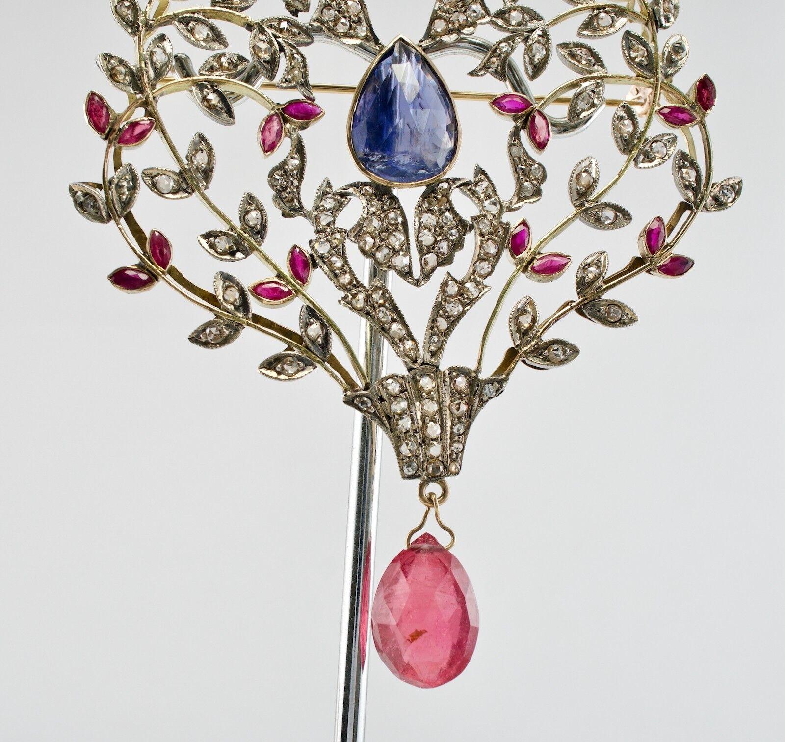 Victorian Diamond Ruby Sapphire Pendant Brooch 14K Gold & Silver For Sale 3