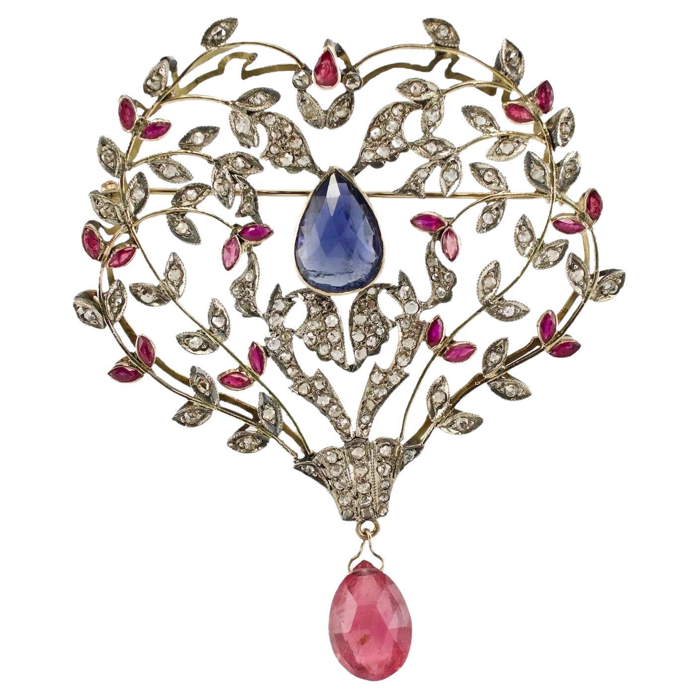 Victorian Diamond Ruby Sapphire Pendant Brooch 14K Gold & Silver For Sale