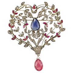 Antique Victorian Diamond Ruby Sapphire Pendant Brooch 14K Gold & Silver