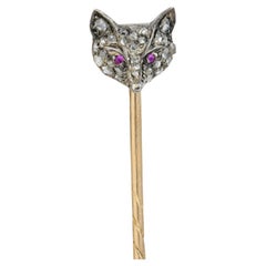 Victorian Diamond Ruby Silver 14 Karat Rose Gold Antique Fox Head Stickpin