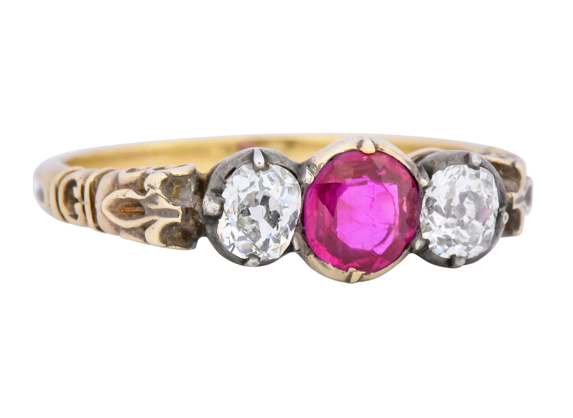 Old Mine Cut Victorian Diamond Ruby Silver-Topped 14 Karat Gold Three-Stone Ring For Sale