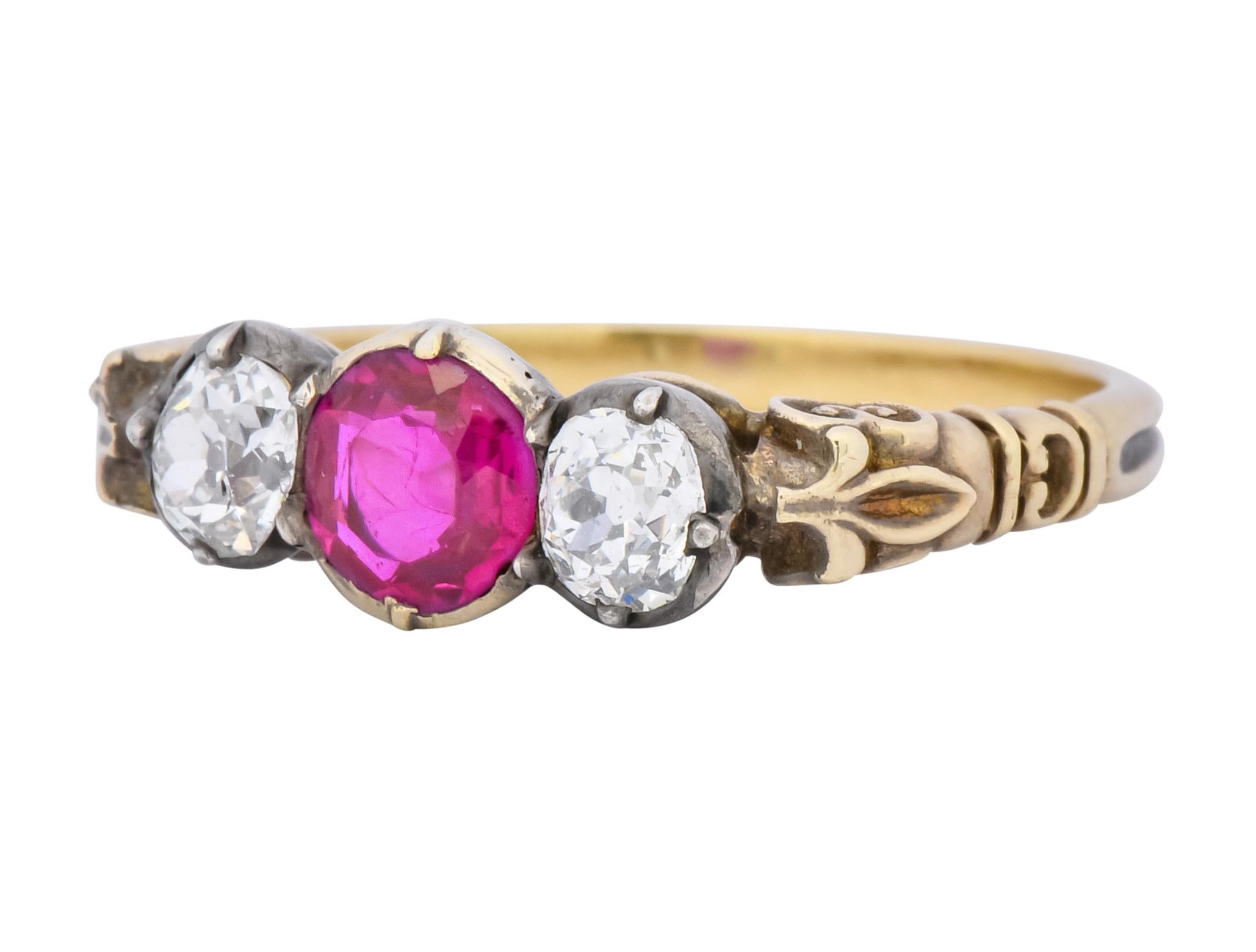 Victorian Diamond Ruby Silver-Topped 14 Karat Gold Three-Stone Ring For Sale 2