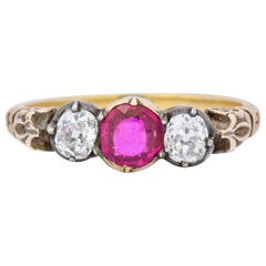 Antique Victorian Diamond Ruby Silver-Topped 14 Karat Gold Three-Stone Ring