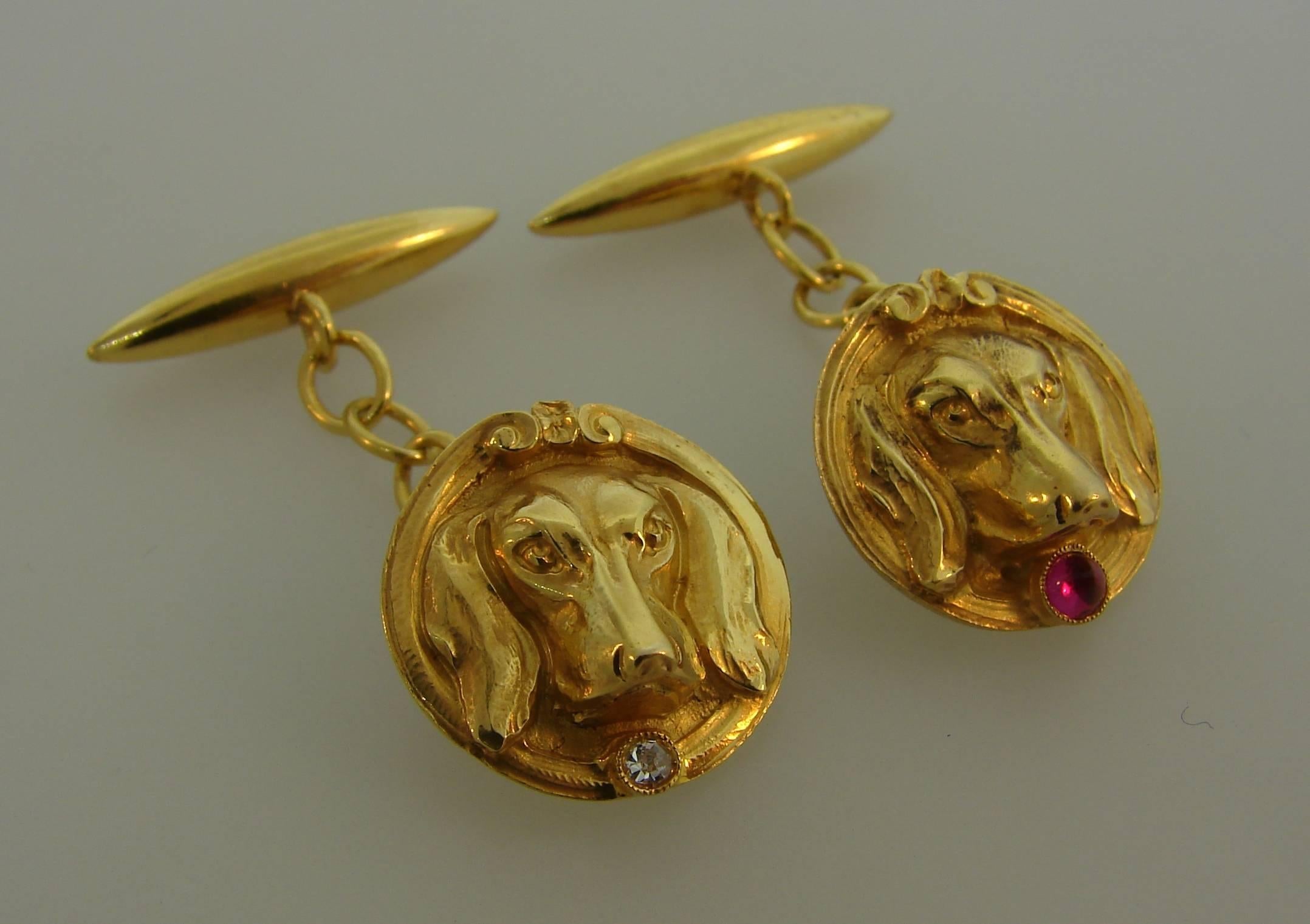 Victorian Diamond Ruby Yellow Gold Dog Cufflinks In Good Condition In Beverly Hills, CA
