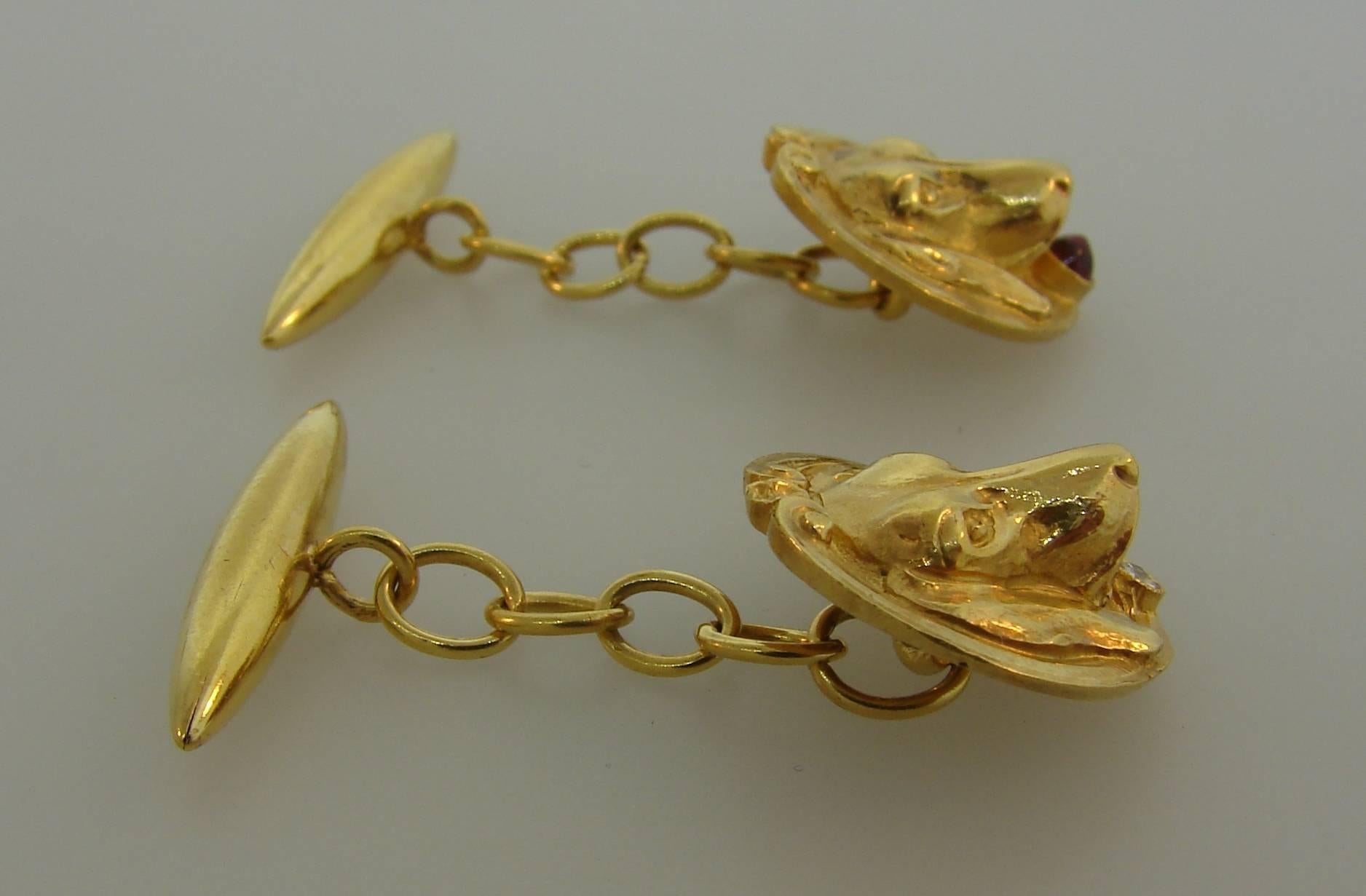 Women's or Men's Victorian Diamond Ruby Yellow Gold Dog Cufflinks