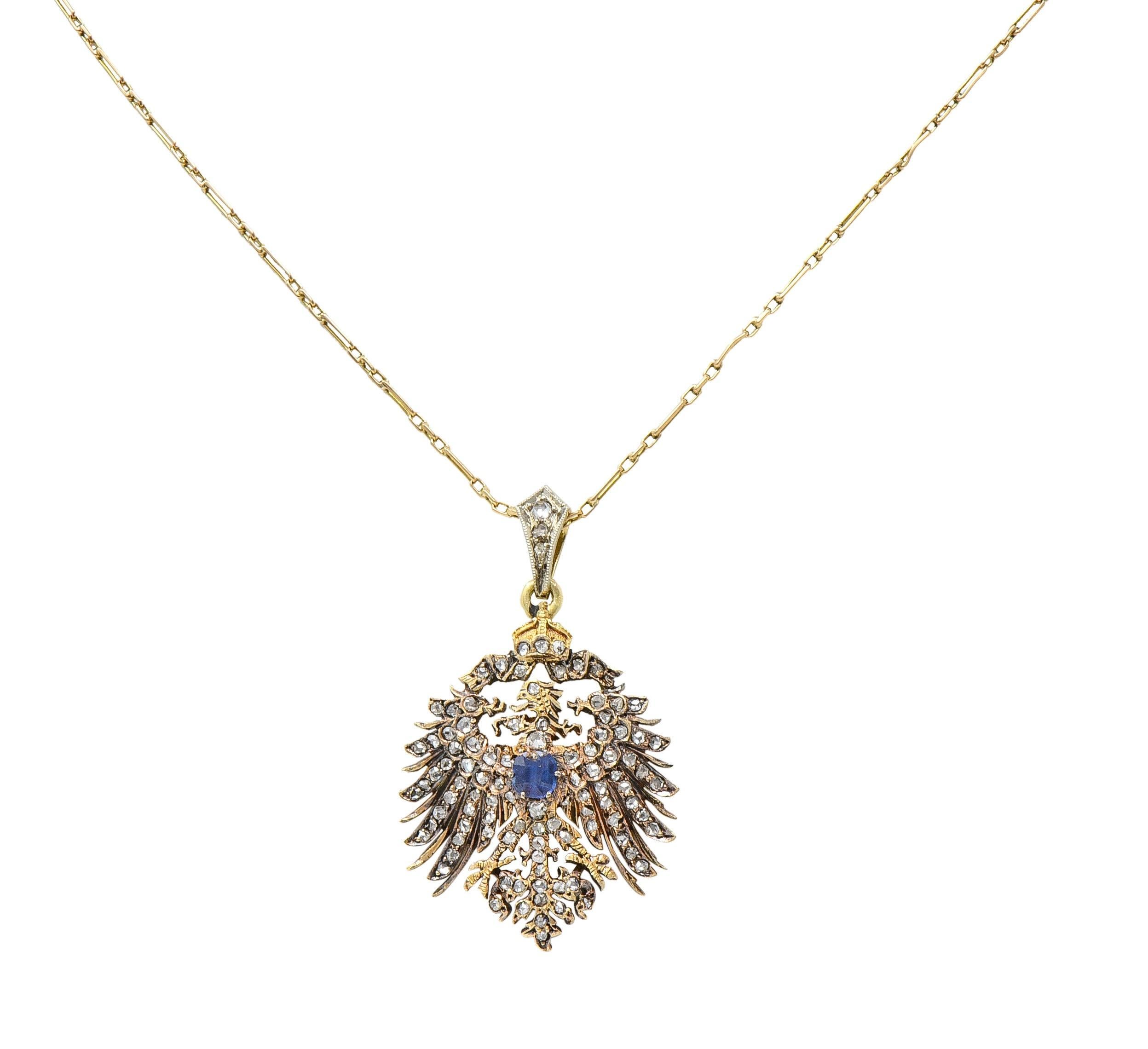 Victorian Diamond Sapphire 14 Karat Gold Prussian Eagle Antique Pendant Necklace For Sale 7