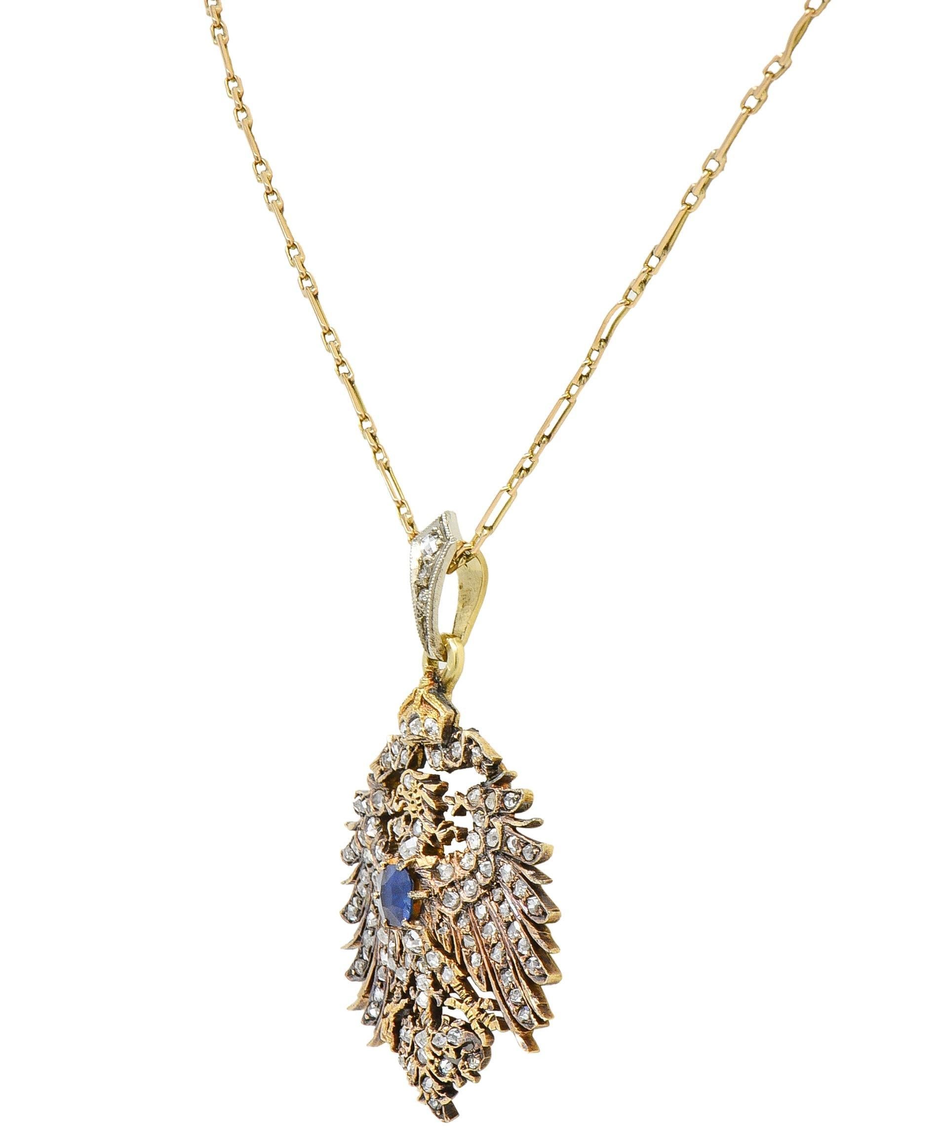 Taille coussin antique Collier pendentif victorien ancien d'aigle de Prusse en or 14 carats avec diamants et saphirs en vente