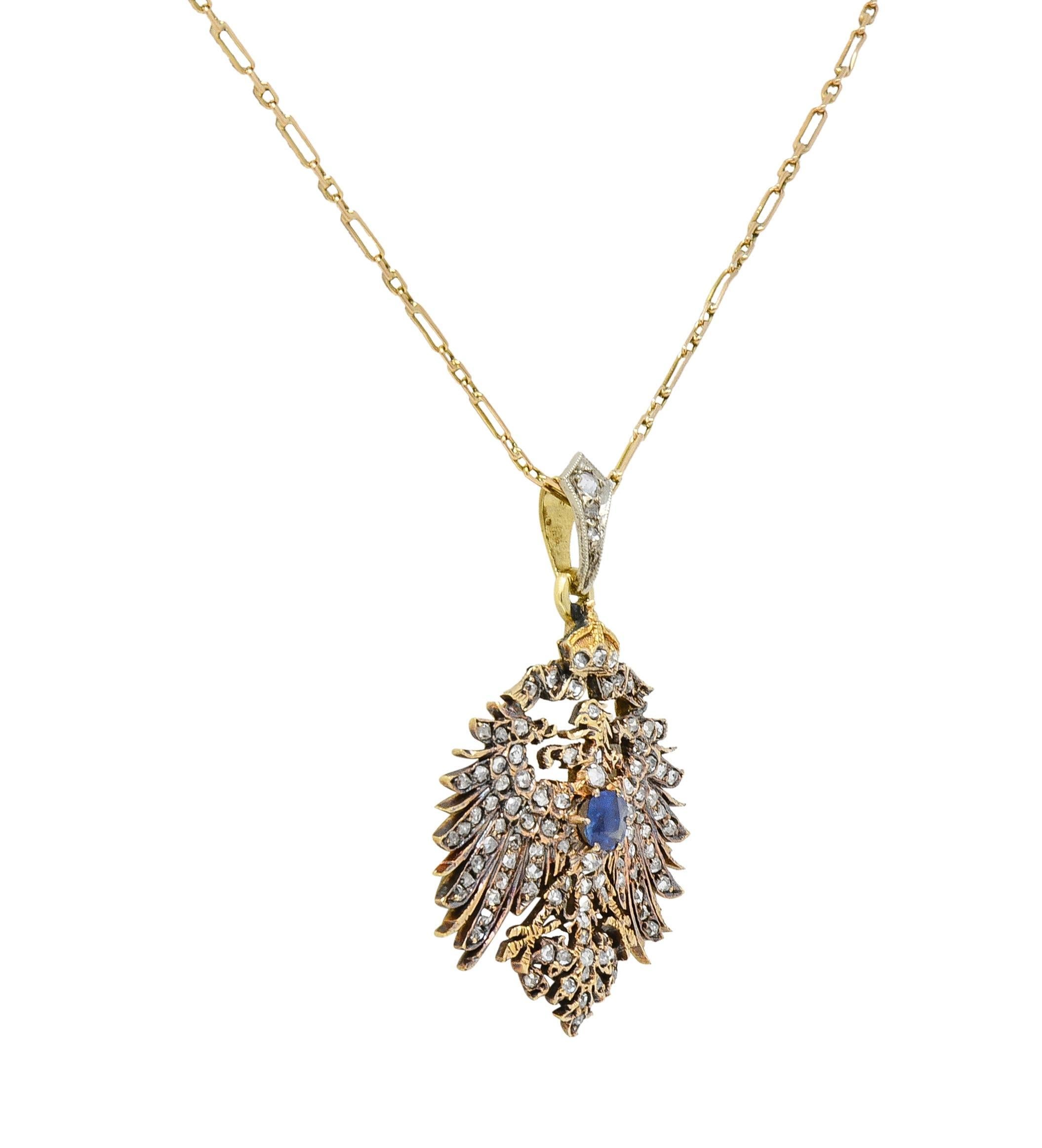 Victorian Diamond Sapphire 14 Karat Gold Prussian Eagle Antique Pendant Necklace For Sale 1