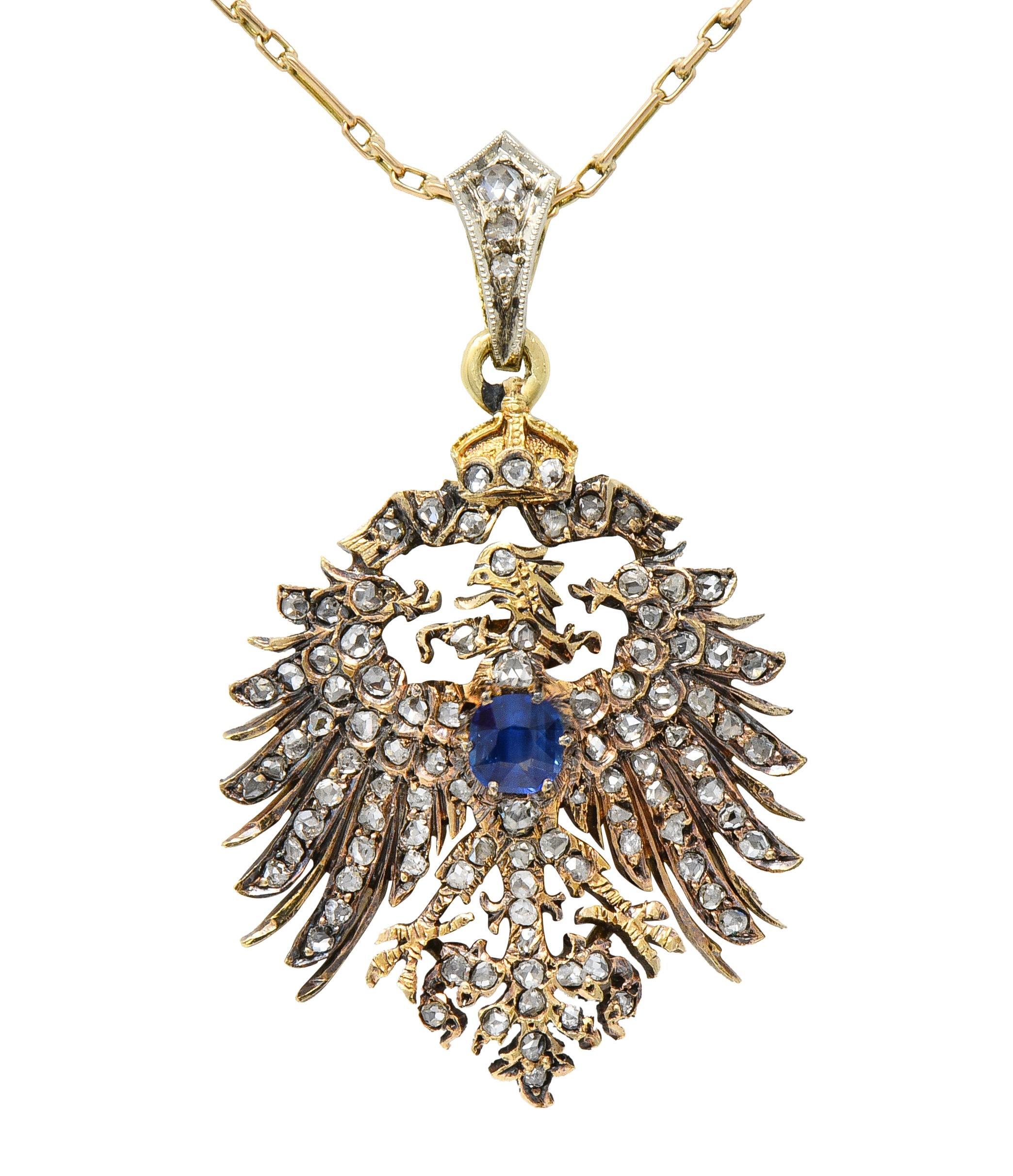 Victorian Diamond Sapphire 14 Karat Gold Prussian Eagle Antique Pendant Necklace For Sale 2