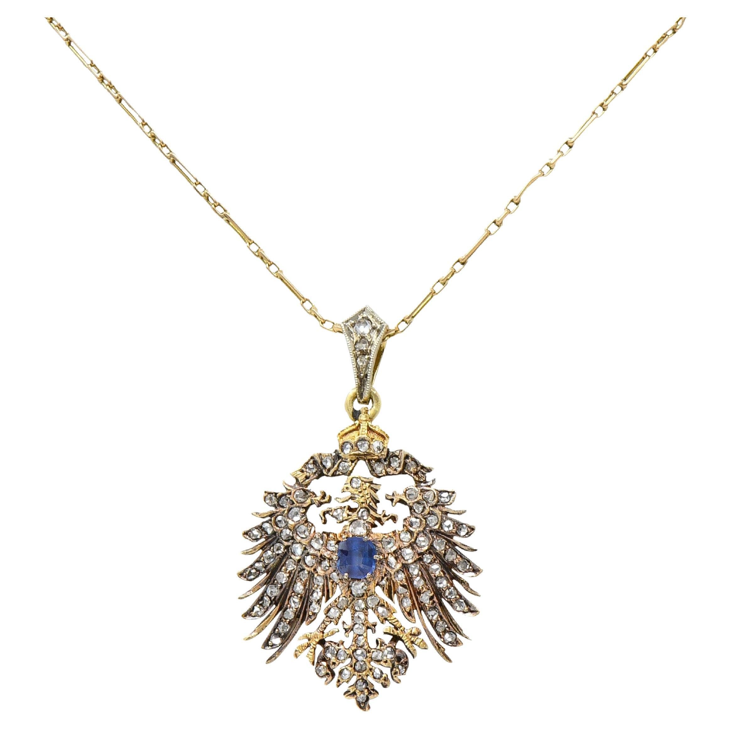Collier pendentif victorien ancien d'aigle de Prusse en or 14 carats avec diamants et saphirs en vente