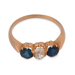 Victorian diamond sapphire 14k rose gold three stone ring