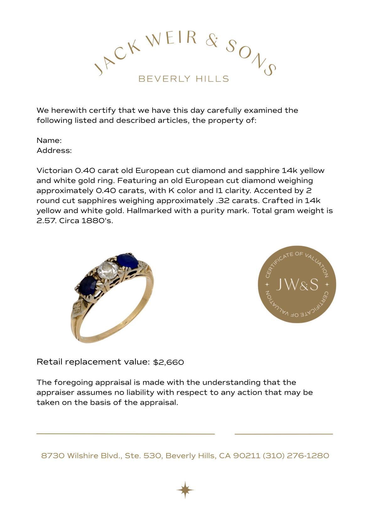 Women's Victorian diamond sapphire 14k yellow gold 3 stone ring For Sale